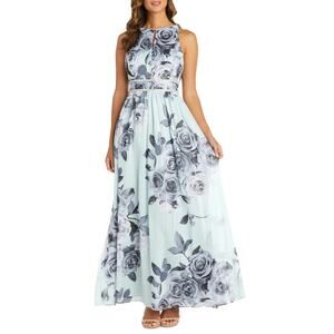 NWT R&M Richards Women's Floral Print Rhinestone Waist Gown Maxi Dress